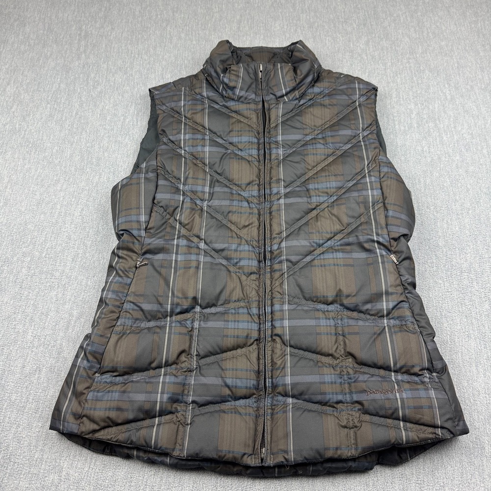 Patagonia Vest Womens Small Gray Brown Plaid Puffer Full Zip Goose Down Gorpcore